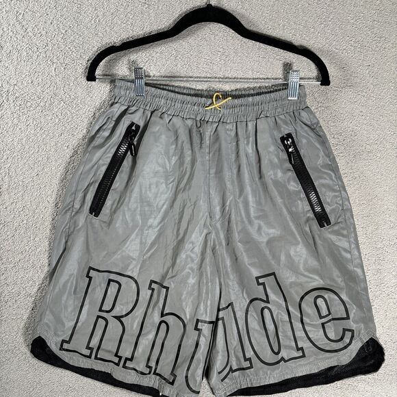 Rhude Shorts Men’s Size XL Silver Reflective Logo Streetwear Athletic Elastic - Picture 2 of 13